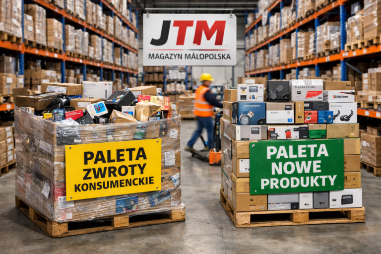 Palety ze zwrotami konsumenckimi i palety z nowymi produktami – magazyn w Małopolsce